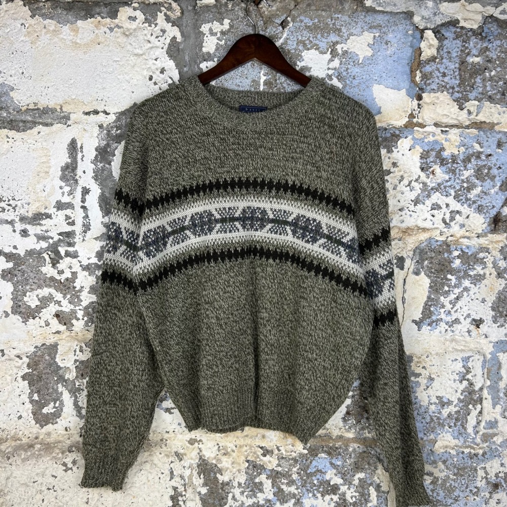 Vintage Basic Editions Sweater Olive Green Fair Isle Geometric Knit Mens XL